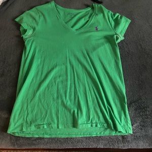 Medium green ralph lauren v neck with purple symbol.